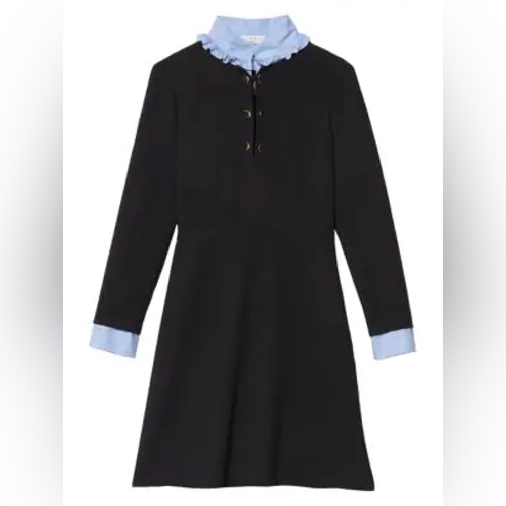 Sandro Black Long-Sleeve Dress with Light Blue Collar and Cuffs